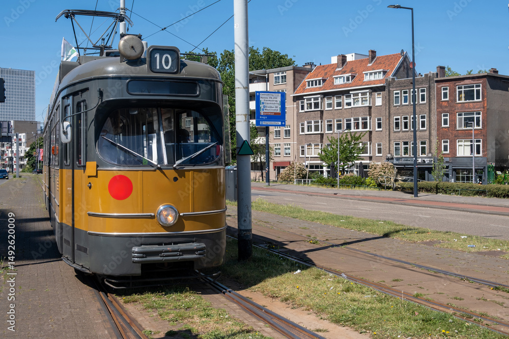 Tram in Rotterdam city, public transportation, sunny day in Netherlands Holland