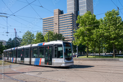 Obraz na płótnie Tram in Rotterdam city, public transportation, sunny day in Netherlands Holland w salonie