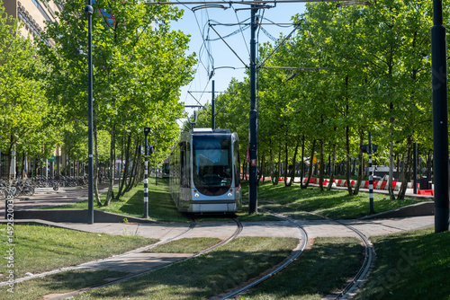 Obraz na płótnie Tram in Rotterdam city, public transportation, sunny day in Netherlands Holland w salonie