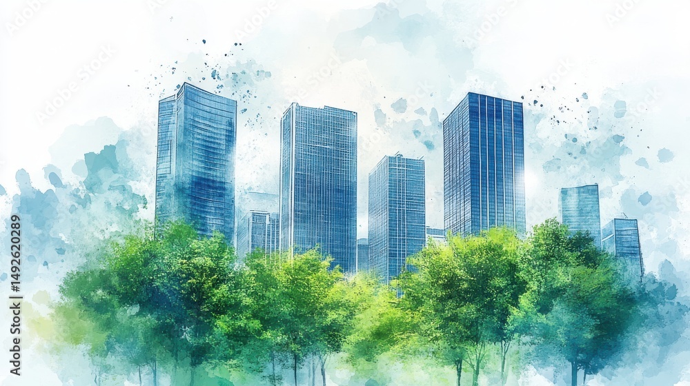 Obraz premium Watercolor Cityscape with Lush Green Trees and Modern Skyscrapers