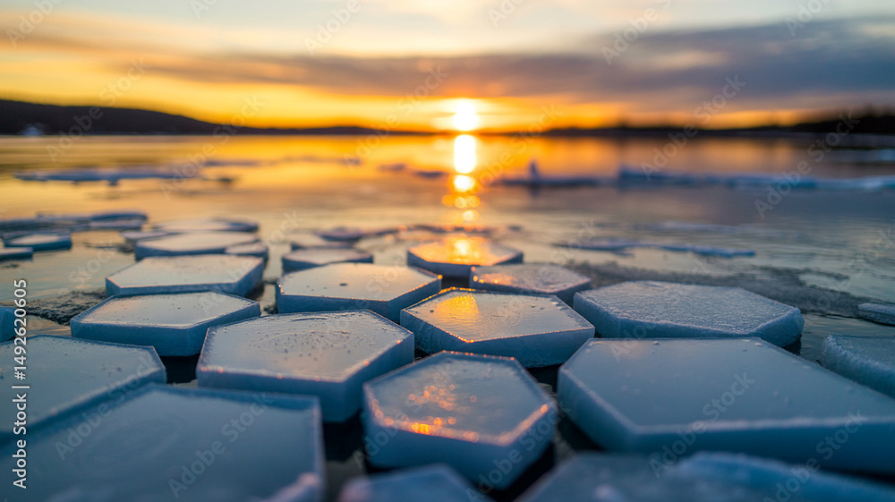 Fototapeta premium Hexagonal Ice Floes on a Lake at Sunset