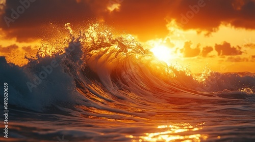 Golden sunset over crashing waves