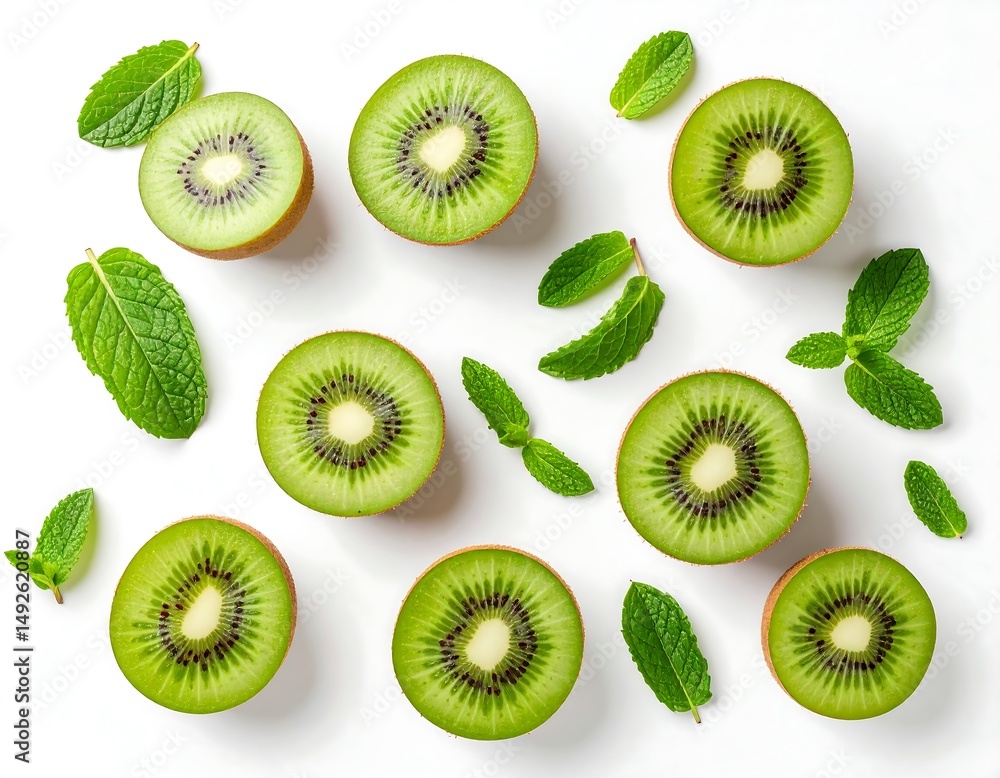 Overhead Arrangement Of Kiwi Slices And Mint Leaves On White Background Overhead Arrangement Of Kiwi Slices And Mint Leaves On White Background
