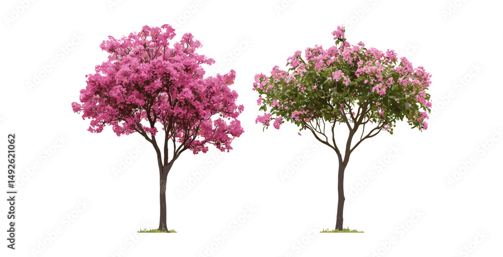 Obraz premium Set of Pyrus calleryana trees, Callery pear, Tibouchina semidecandra pink blooming flowers isolated png, vector illustration, ornamental plants, spring blossoms, garden trees.