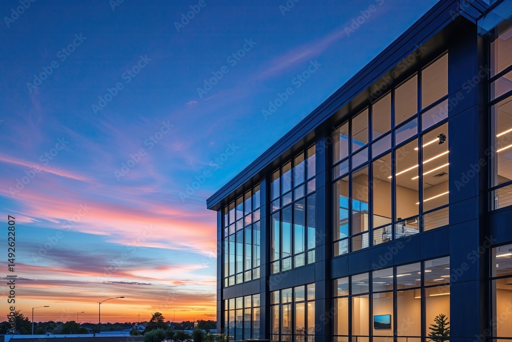 Fototapeta premium Contemporary Small Business Office Building Exterior with Expansive Windows Under Vibrant Blue Sunset Sky