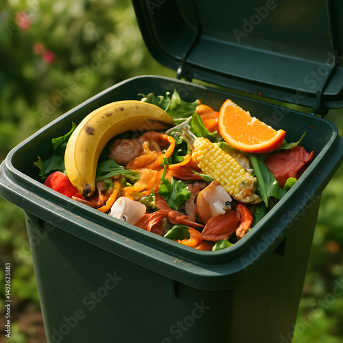 Compost Bin Filled with Fruit and Vegetable Scraps