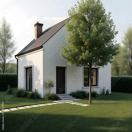 Charming modern small house with front yard tree and lush greenery