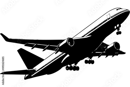 Black jumbo jet taking off low angle side silhouette design, jumbo jet, airplane, aircraft, taking off, flight, aviation, travel, silhouette, low angle, side view, vector, graphic, design, illustratio