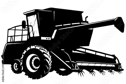 Black silhouette of a combine harvester side profile with visible header, combine harvester, farm machinery, agricultural equipment, farming, harvesting, agriculture, tractor, silhouette, vector, blac
