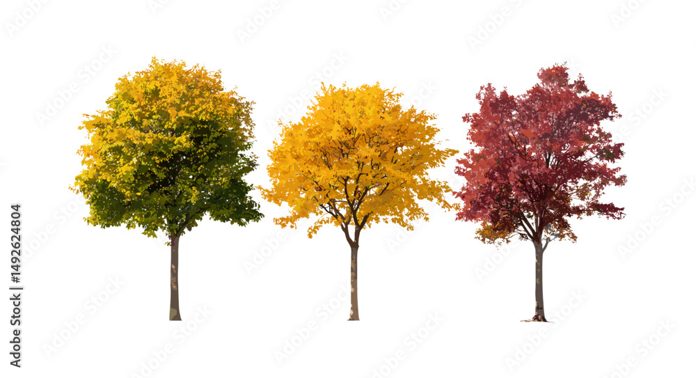 Fototapeta premium Set of autumn Acer tataricum trees isolated png, Tatar maple foliage, fall leaves, tree silhouette, seasonal nature, botanical vector illustration.