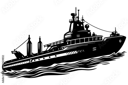 Black silhouette of a surfaced submarine profile design, submarine, sub, silhouette, vector, design, outline, profile, naval, military, underwater, ship, vessel, sea, ocean, illustration, graphic, bla