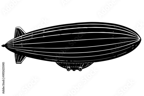 Black silhouette vector design of a blimp dirigible in profile, blimp, dirigible, airship, zeppelin, silhouette, vector, outline, broadside, profile, retro, vintage, transportation, travel, flight, ai