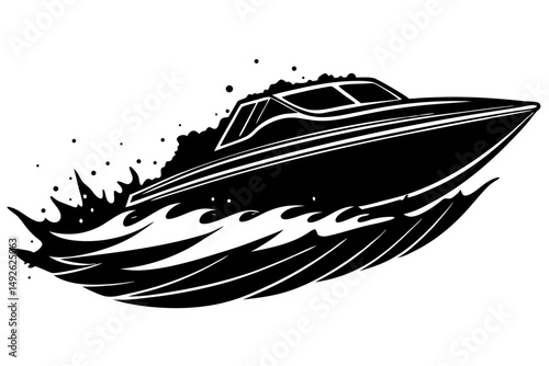 Black speedboat silhouette jumping over waves in angled profile, speedboat, boat, silhouette, vector, illustration, design, transportation, watercraft, wave, ocean, sea, speed, fast, travel, journey, 