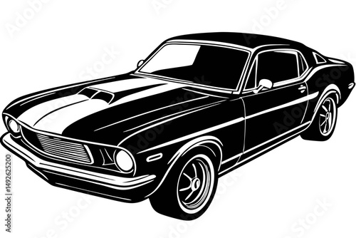 Classic american muscle car silhouette side profile vector illustration, muscle car, classic, vintage, car, automobile, vehicle, side profile, silhouette, vector, illustration, black, white, design,