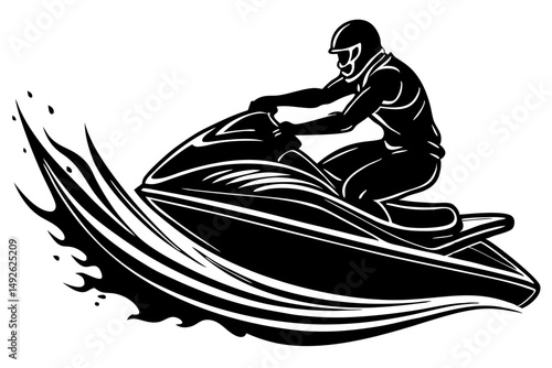 Dynamic side profile black silhouette of a jet ski and rider, jet ski, watercraft, silhouette, rider, person, summer, vacation, aquatic, sport, sea, ocean, recreation, black, white background, vector,