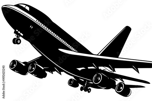 Jumbo jet taking off in a low angle side silhouette, jumbo jet, airplane, aircraft, aviation, travel, transportation, silhouette, vector, design, graphic, illustration, low angle, side view, taking of
