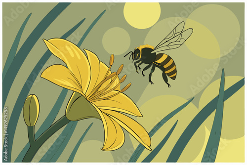 20 a bee hovering over a yellow flower, intricate details, bokeh background, cinematic lighting, macro shot, sharp focus, vibrant colors, photorealistic