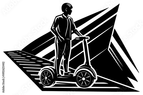 Silhouette of rider standing on segway transportation design, segway, rider, silhouette, profile, vector, illustration, transportation, personal mobility, urban, electric vehicle, eco-friendly, modern