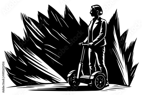 Silhouette profile of rider standing on a segway with abstract background, segway, rider, silhouette, profile, standing, electric scooter, transportation, mobility, personal transport, urban, modern, 