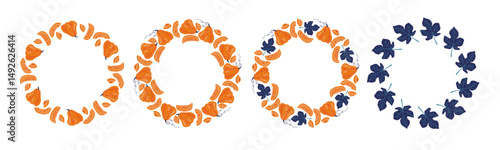 Pumpkin Frame set. Round Pumpkin frames, Hand drawn food vector illustration. Juicy mature Whole, chopped vegetables and leaves prints with copy space for card, menu, invitation, logo, advertisement.