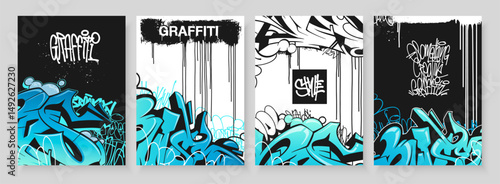 Abstract graffiti poster featuring vibrant tags, paint splatters, scribbles, and throw-up elements. A collection of street art backgrounds and artistic covers in hand-drawn graffiti style.
