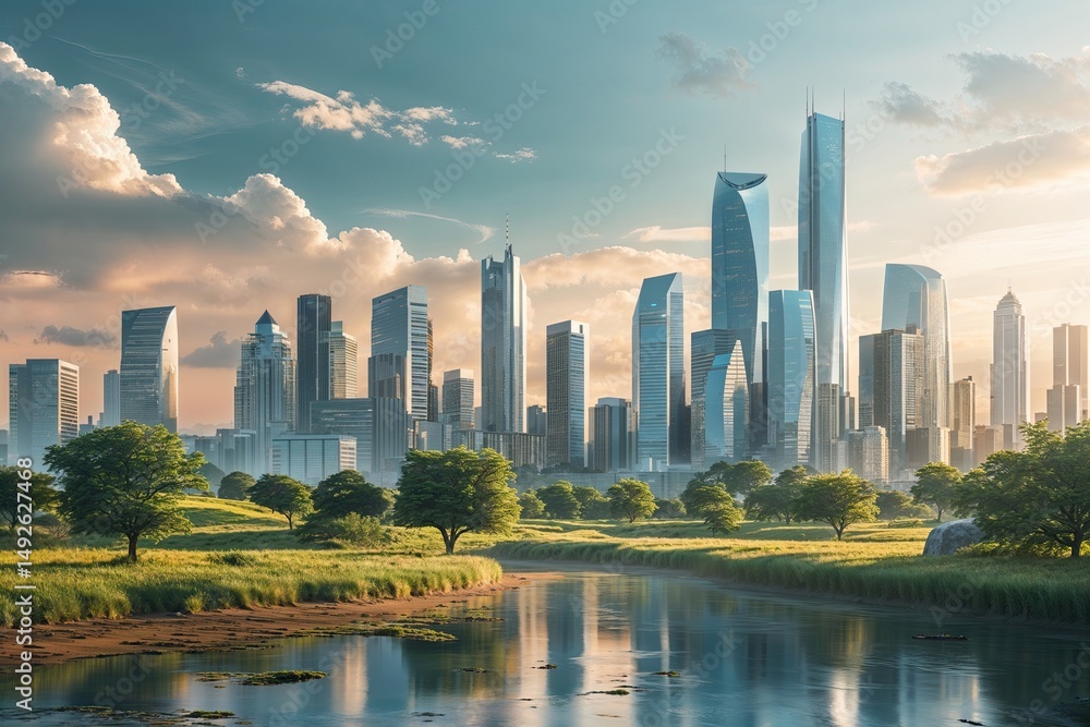 Obraz premium Urban Skyline Balance Dynamic Cityscape with Serene Rural Connection and Contemporary Design Features