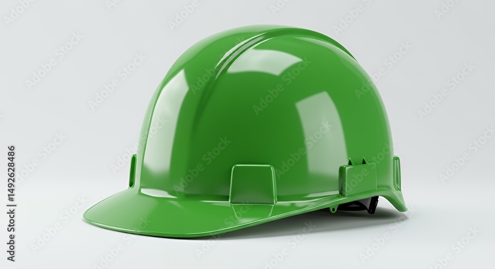Fototapeta premium Glossy Green Protective Work Helmet on White Seamless Surface at Eye Level Studio Shot