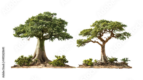 African baobab Adansonia digitata and Pachypodium geayi isolated png, rare succulents, drought-resistant plants, botanical illustration, arid climate flora, vector illustration.