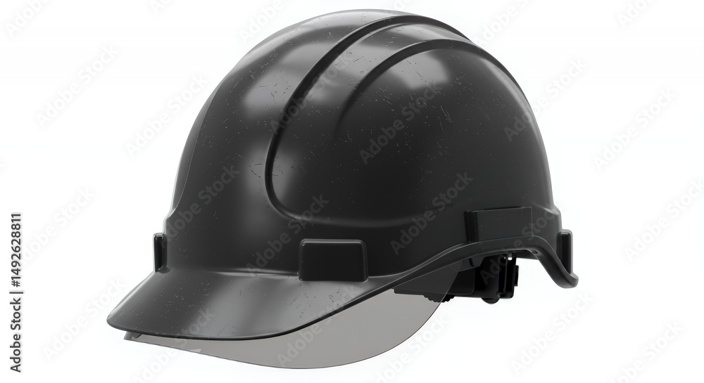 Fototapeta premium Gray Hardhat with Visor Isolated on White Background Macro Lens Highlighting the Plastic Curves