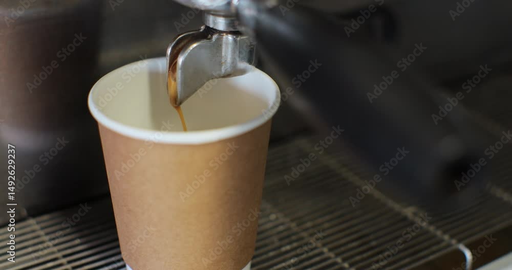 Pouring coffee stream from machine in cup. Flowing fresh ground coffee. Drinking roasted black coffee in the morning. Pouring coffee stream from machine in cup. Flowing fresh ground coffee. Drinking roasted black coffee in the morning.