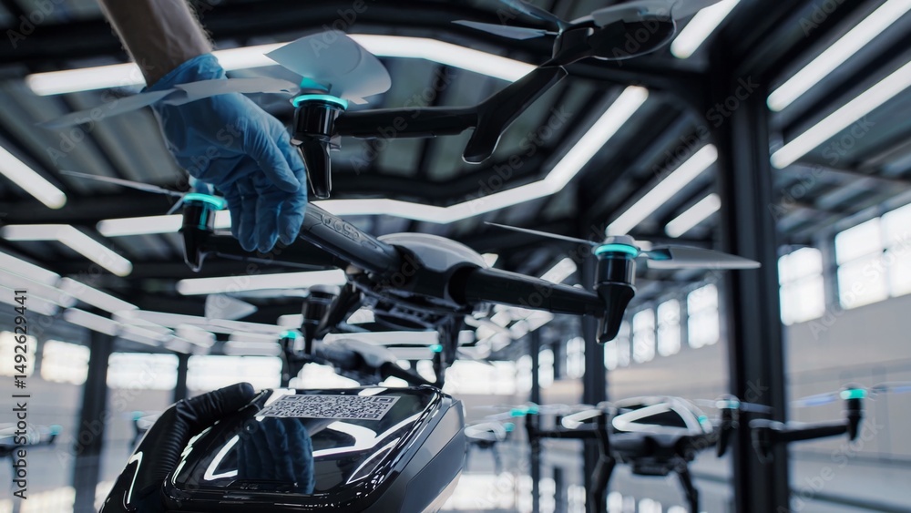 Fototapeta premium Engineer wearing protective gloves performing pre flight checks on delivery drone inside warehouse with multiple unmanned aerial vehicles, preparing for autonomous logistics operation