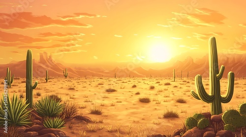 Desert sunset scene with cacti and mesas
