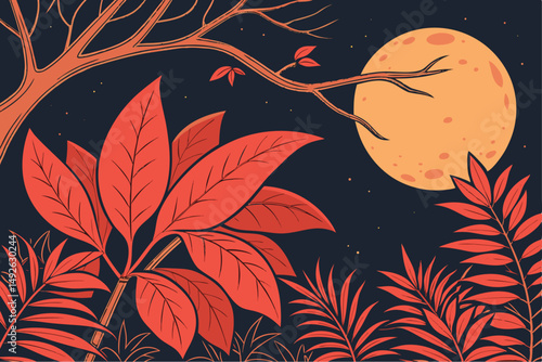 22 Trending oriental floral, vibrant red leaves, lush foliage, big orange moon, dark background, digital art, hyper-detailed, intricate, cinematic, epic, landscape, supernatural, mystical, magical rea