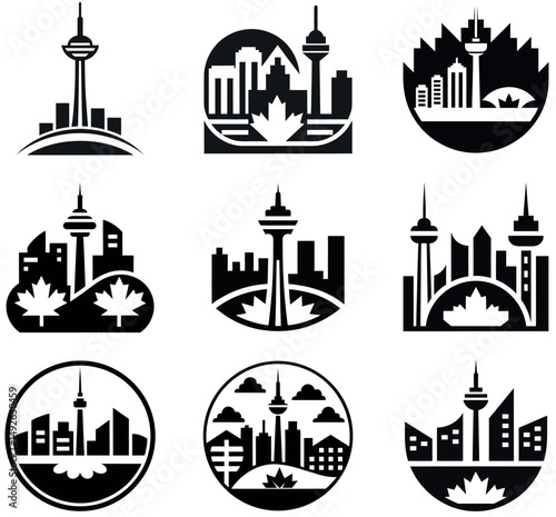 Collection of Black and White City Skyline Icons