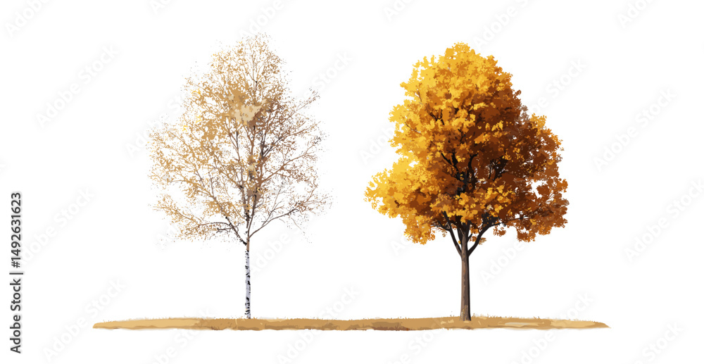 Fototapeta premium Betula ermanii and Platanus fall tree isolated png, autumn forest plants, seasonal foliage, nature landscape, vector illustration, woodlands.