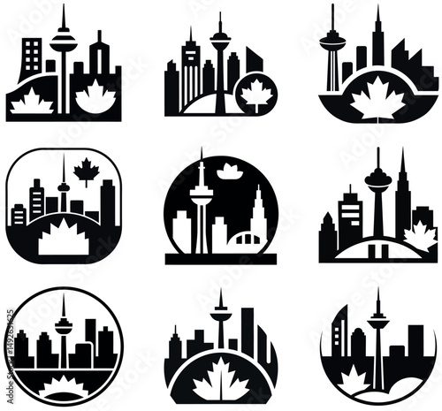 Collection of Black and White City Skyline Icons