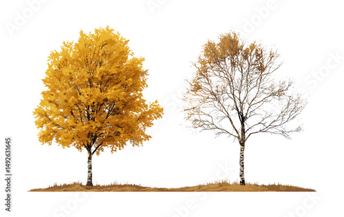 Autumn Betula pendula and Fraxinus excelsior trees cutout isolated, vector illustration, fall landscape, temperate forest, natural woodlands, ecological vegetation.