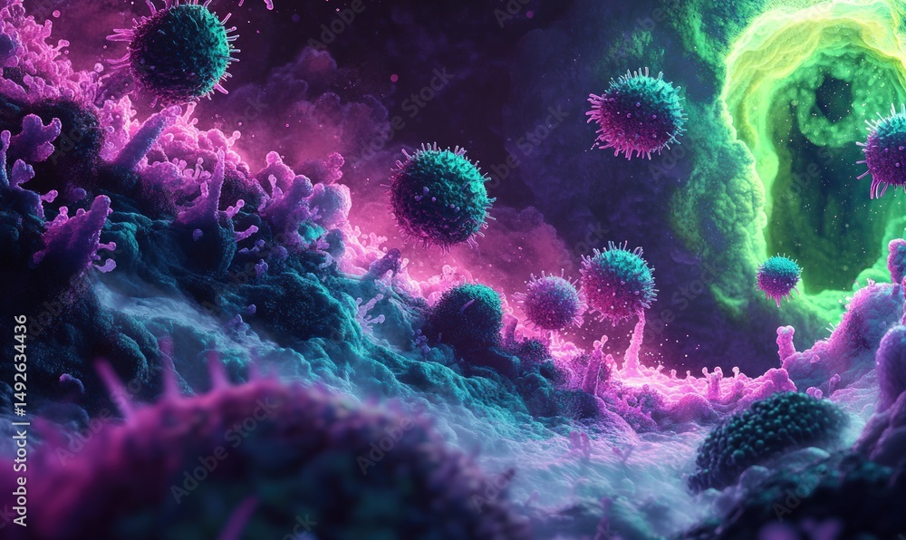Obraz premium Vibrant microscopic view of cells and viruses, with glowing neon colors