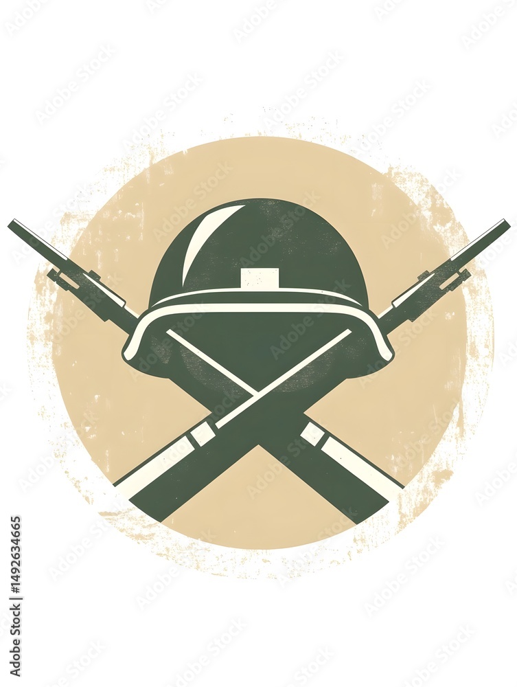 Obraz premium Iconic Military Emblem with Crossed Rifles and Helmet: Vintage Style Graphic Design for Armed Forces and Warfare Enthusiasts