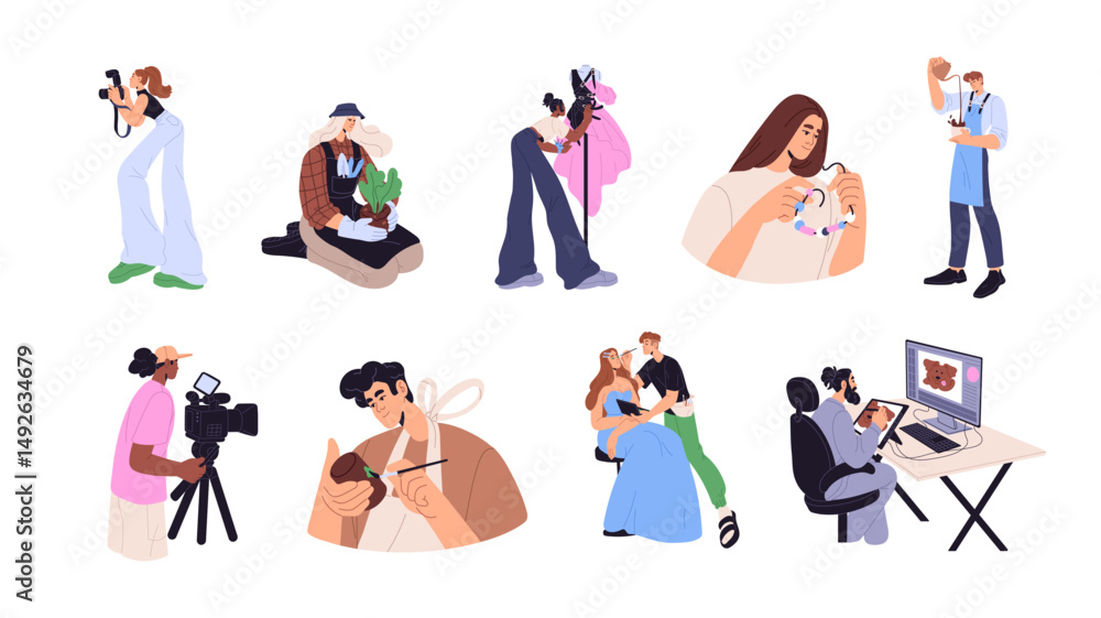 Obraz premium Set of different creative works, professions, hobbies. Artists create art, photos, fashion, makeup, paintings. Artisans, creators are painting, gardening. Flat isolated vector illustrations on white