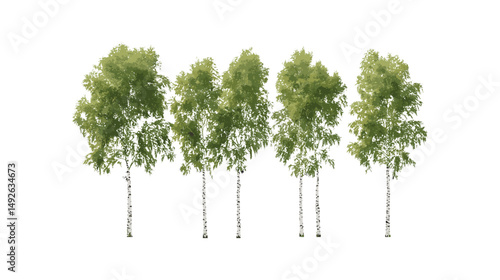 Set of Betula pendula trees, silver birch, European white birch, forest tree collection, cutout, isolated tree elements, vector illustration, deciduous woodland, landscaping use.