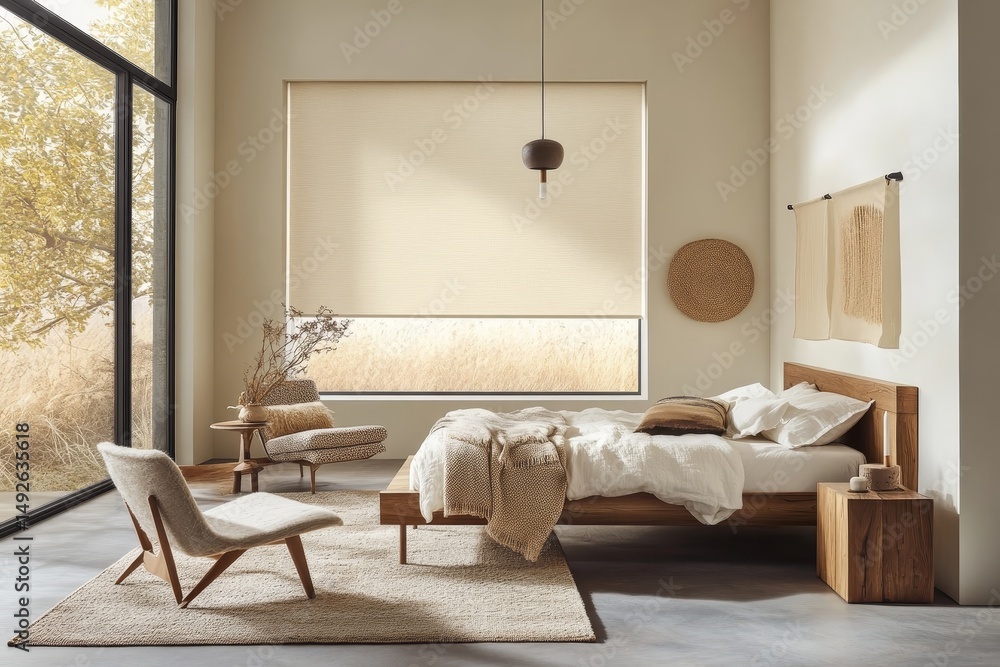 Fototapeta premium Neutral tones define a serene bedroom interior.