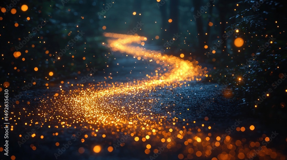 Obraz premium Mysterious path of golden sparks in dark woods