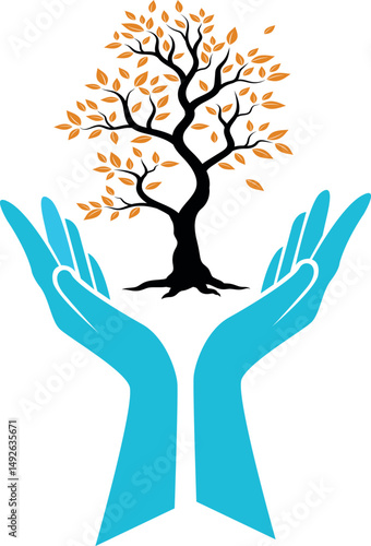 Hands holding a tree in flat design