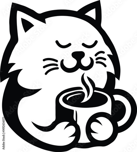 a picture of a cat with a cup of coffee. black and white