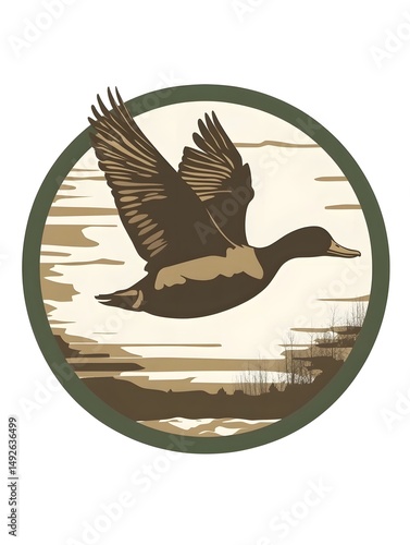 Mallard Duck in Flight Over Scenic Pond Surrounded by Rural Nature - Vector Illustration of Wildlife Habitat