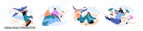 People travel by airplane concept set. Passengers are on air flight. Characters with tickets, passport voyage, fly on plane, trip by aircraft. Flat isolated vector illustrations on white background