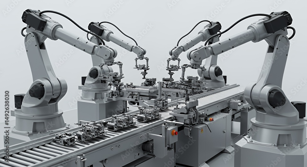 Precision Robotic Arms Assembling Mechanical Components on Conveyor Belt Isolated on White Background Showcasing Advanced Automation in Modern Manufacturing Precision Robotic Arms Assembling Mechanical Components on Conveyor Belt Isolated on White Background Showcasing Advanced Automation in Modern Manufacturing