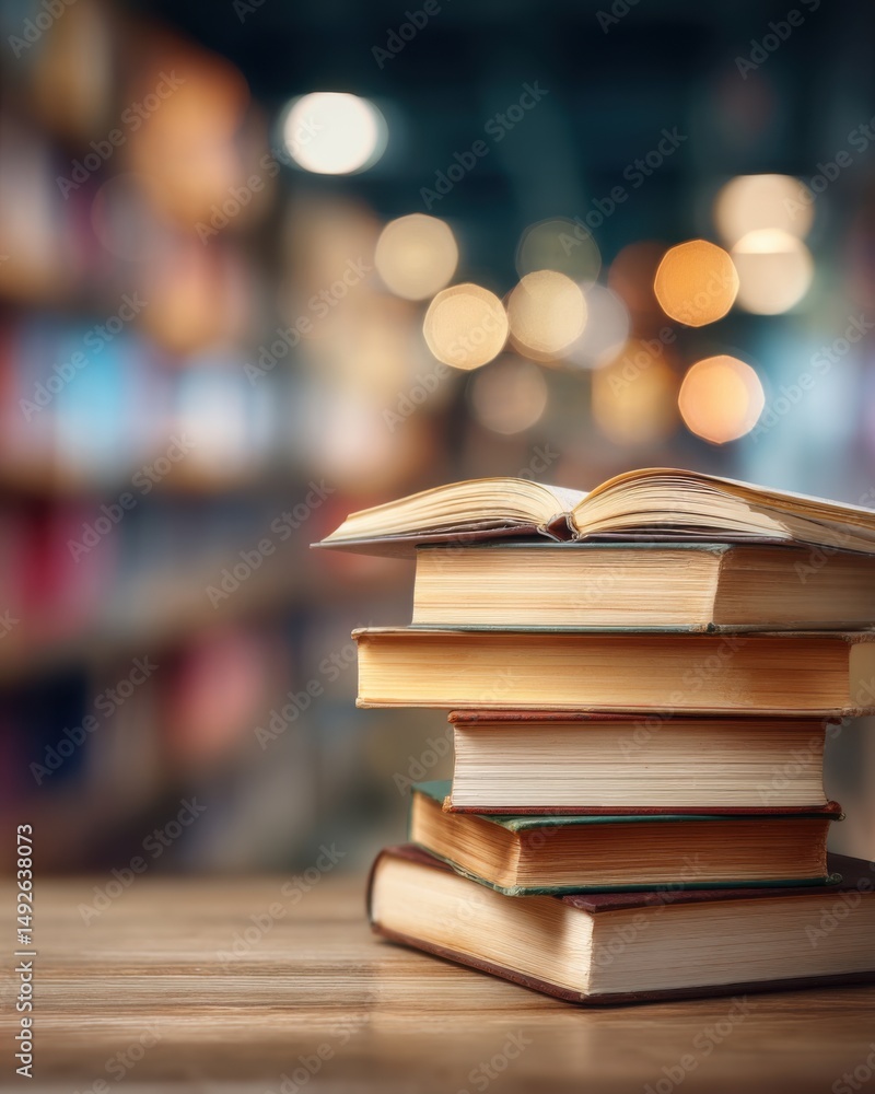 Fototapeta premium Stack of Vintage Books on Wooden Table in Cozy Library Blurred Background Close Up Study Education Knowledge