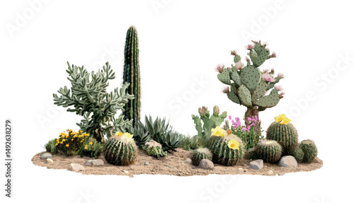 Carnegiea gigantea and Stenocereus thurberi cactus vector illustration in bright daylight, isolated front view, desert vegetation, xerophyte plants, botanical illustration transparent background.